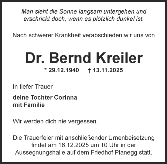 Traueranzeige von Bernd Kreiler von Süddeutsche Zeitung