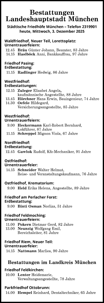  Traueranzeige für Bestattungen vom 03.12.2025 vom 03.12.2025 aus Süddeutsche Zeitung