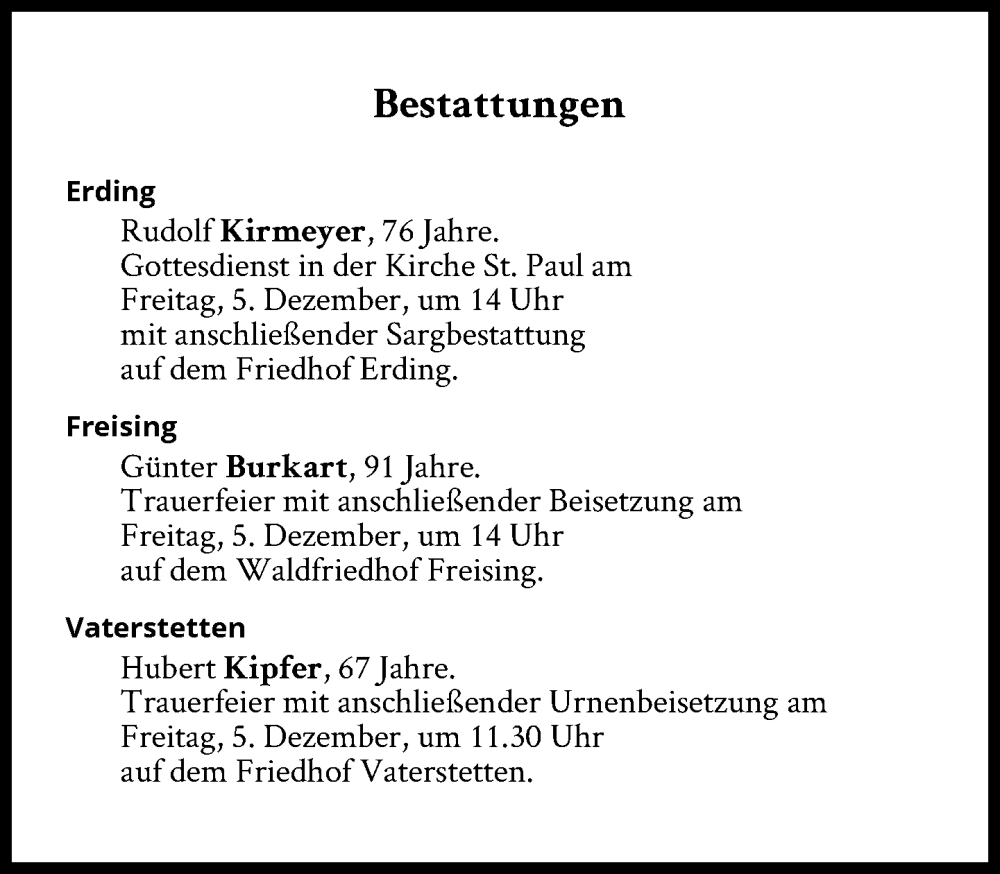  Traueranzeige für Bestattungen vom 05.12.2025 vom 05.12.2025 aus Süddeutsche Zeitung