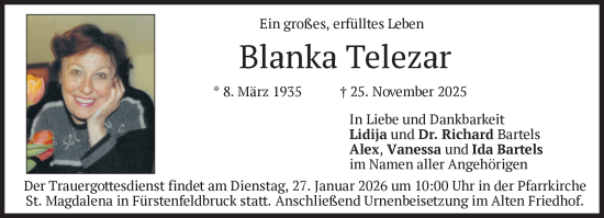 Traueranzeige von Blanka Telezar von Süddeutsche Zeitung