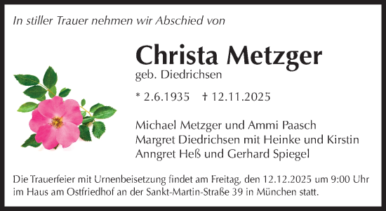 Traueranzeige von Christa Metzger von Süddeutsche Zeitung