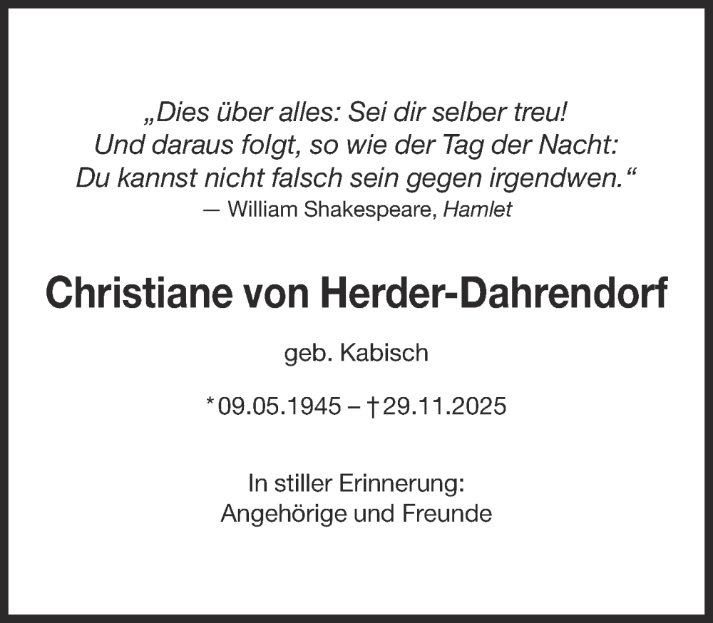  Traueranzeige für Christiane von Herder-Dahrendorf vom 06.12.2025 aus Süddeutsche Zeitung