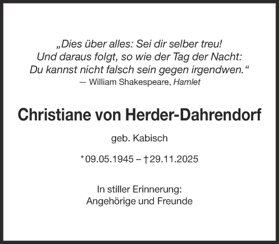 Traueranzeige von Christiane von Herder-Dahrendorf von Süddeutsche Zeitung