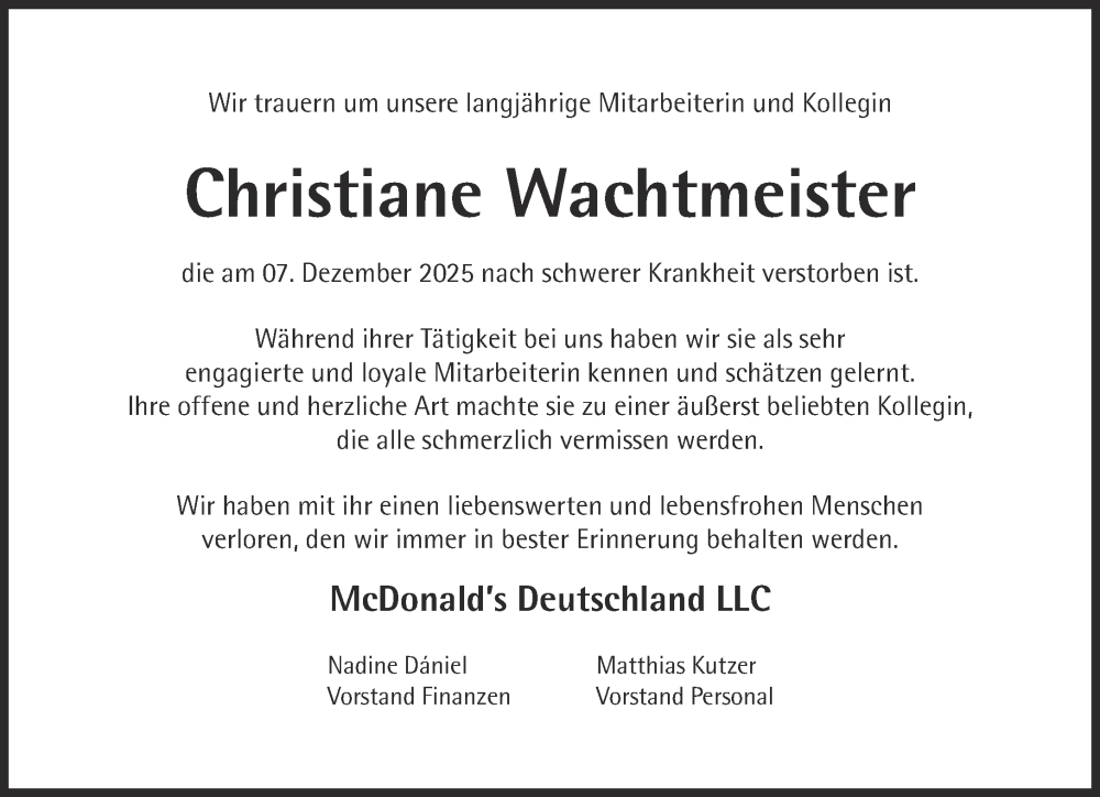 Traueranzeige für Christiane Wachtmeister vom 13.12.2025 aus Süddeutsche Zeitung