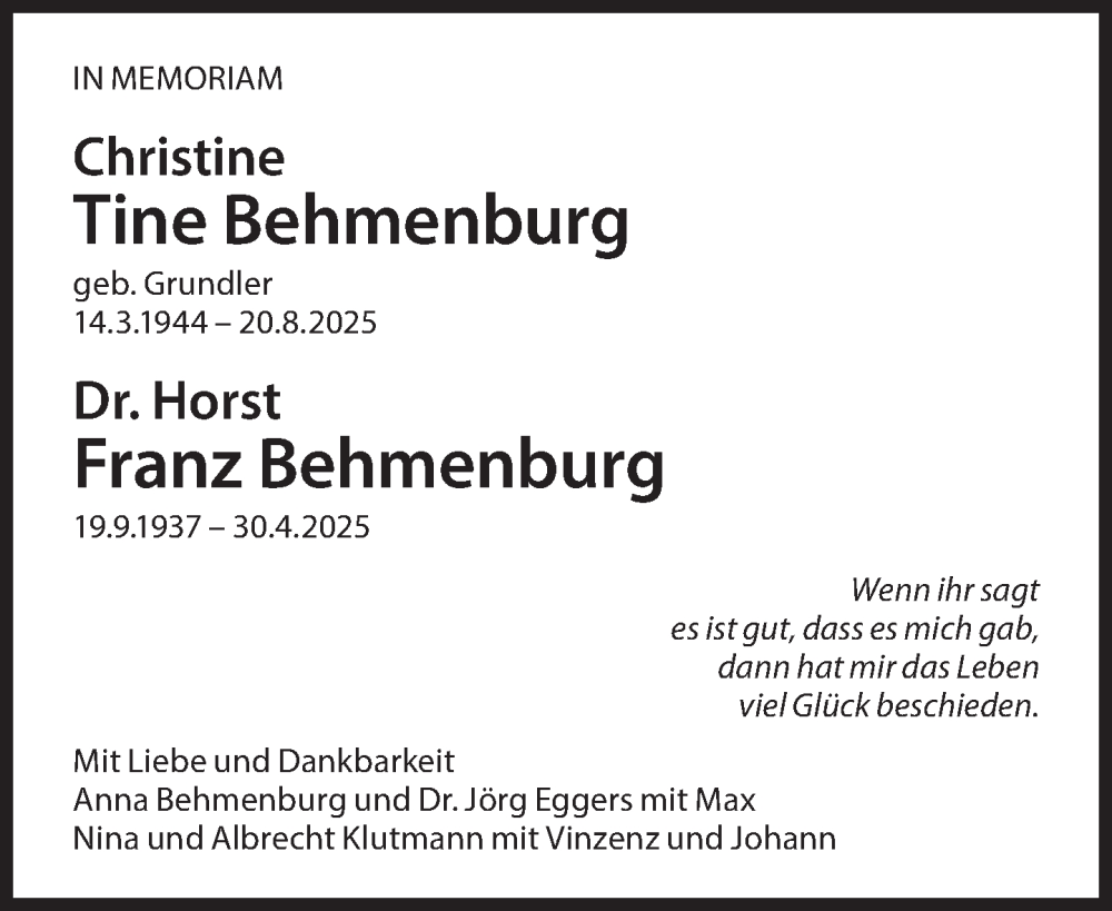  Traueranzeige für Christine Tine Behmenburg vom 24.12.2025 aus Süddeutsche Zeitung