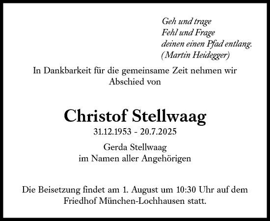 Traueranzeige von Christof Stellwaag von Süddeutsche Zeitung