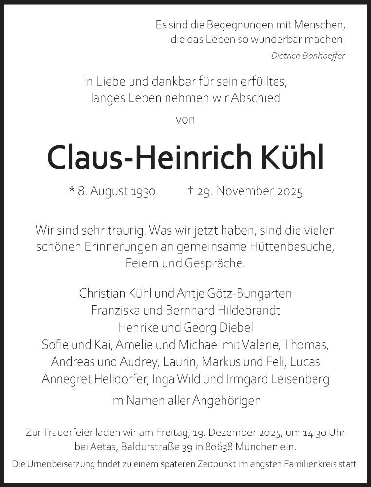 Traueranzeige für Claus-Heinrich Kühl vom 06.12.2025 aus Süddeutsche Zeitung