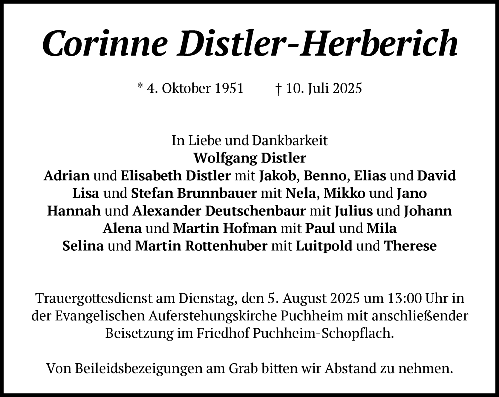  Traueranzeige für Corinne Distler-Herberich vom 02.08.2025 aus Süddeutsche Zeitung