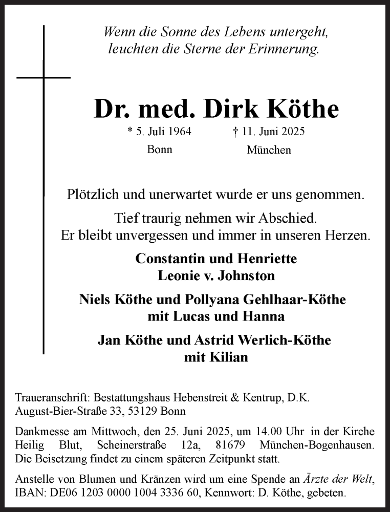  Traueranzeige für Dirk Köthe vom 21.06.2025 aus Süddeutsche Zeitung