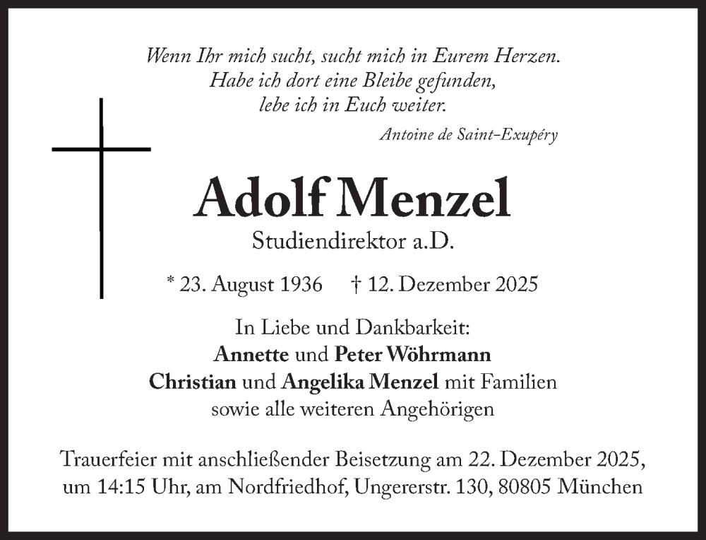  Traueranzeige für Adolf Menzel vom 17.12.2025 aus Süddeutsche Zeitung