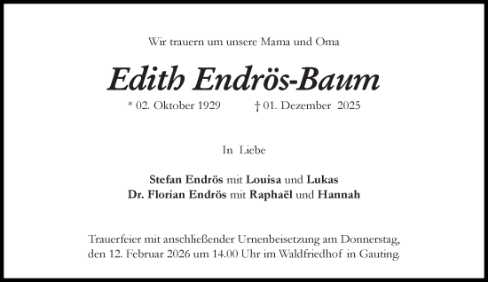 Traueranzeige von Edith Endrös-Baum von Süddeutsche Zeitung