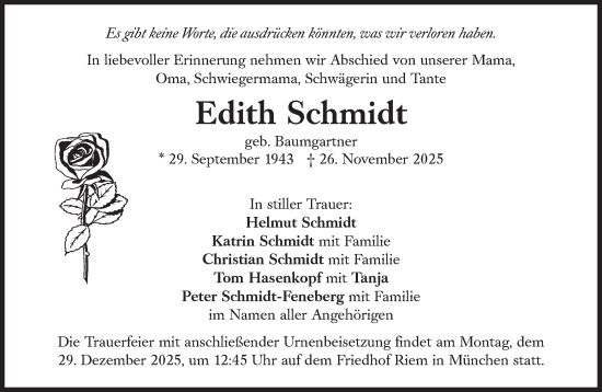 Traueranzeige von Edith Schmidt von Süddeutsche Zeitung
