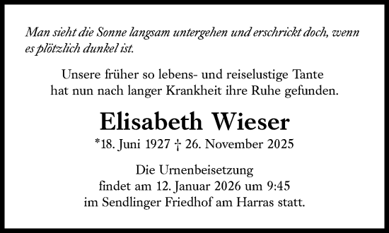 Traueranzeige von Elisabeth Wieser von Süddeutsche Zeitung