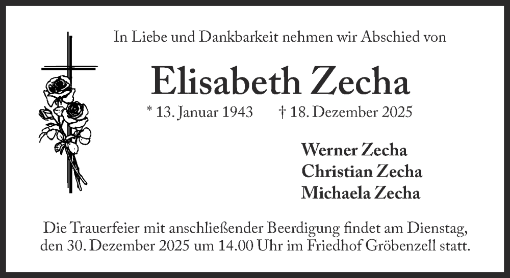  Traueranzeige für Elisabeth Zecha vom 27.12.2025 aus Süddeutsche Zeitung