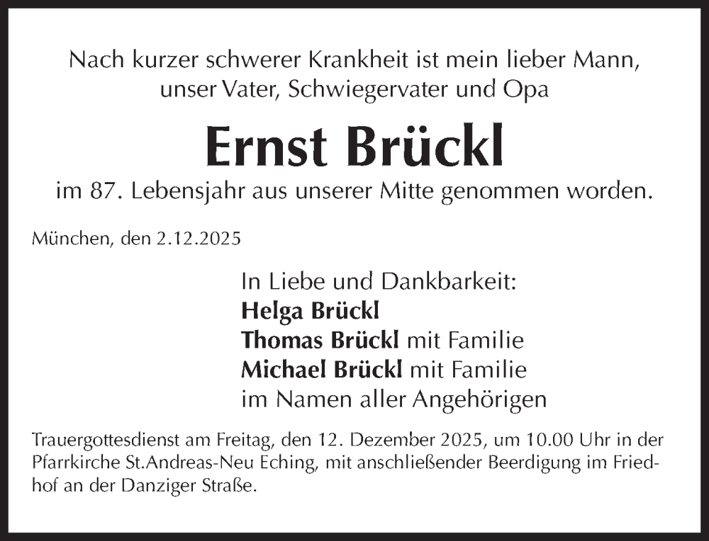  Traueranzeige für Ernst Brückl vom 10.12.2025 aus Süddeutsche Zeitung