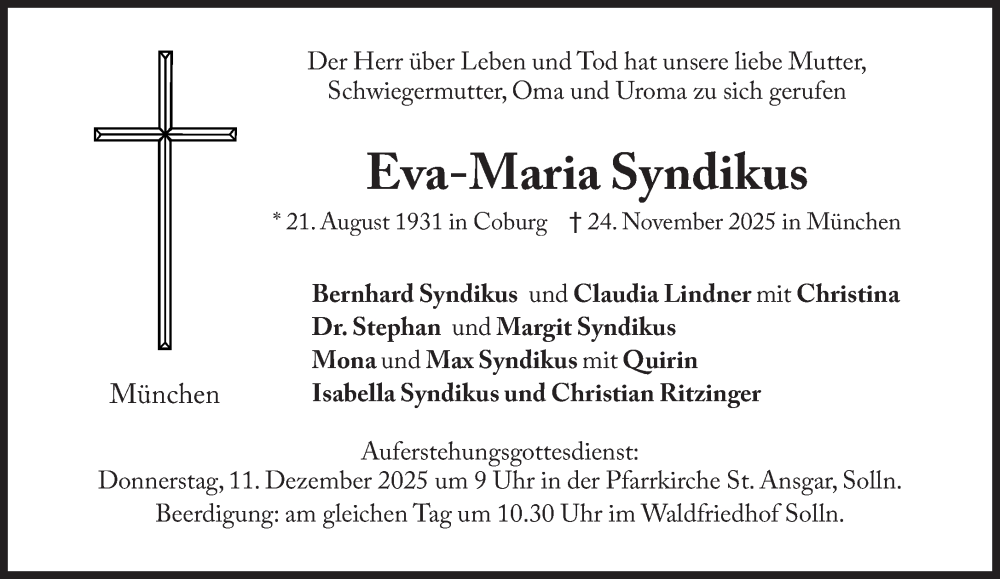  Traueranzeige für Eva-Maria Syndikus vom 06.12.2025 aus Süddeutsche Zeitung
