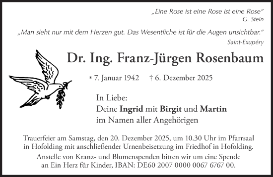 Traueranzeige von Franz-Jürgen Rosenbaum von Süddeutsche Zeitung