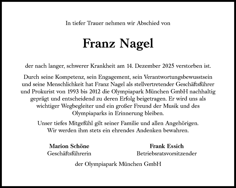  Traueranzeige für Franz Nagel vom 20.12.2025 aus Süddeutsche Zeitung