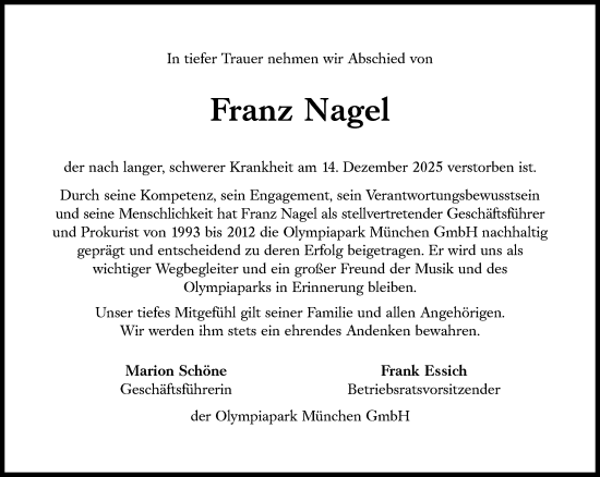 Traueranzeige von Franz Nagel von Süddeutsche Zeitung