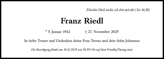 Traueranzeige von Franz Riedl von Süddeutsche Zeitung