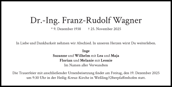 Traueranzeige von Franz-Rudolf Wagner von Süddeutsche Zeitung