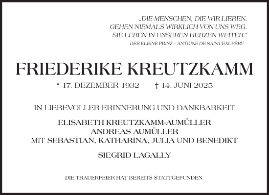 Traueranzeige von Friederike Kreutzkamm von Süddeutsche Zeitung