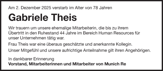 Traueranzeige von Gabriele Theis von Süddeutsche Zeitung
