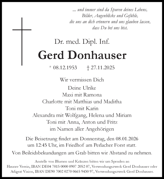 Traueranzeige von Gerd Donhauser von Süddeutsche Zeitung