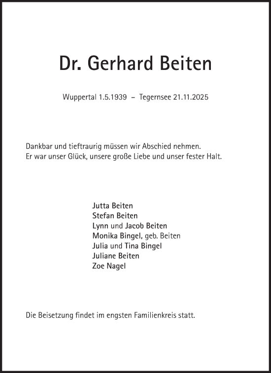 Traueranzeige von Gerhard Beiten von Süddeutsche Zeitung