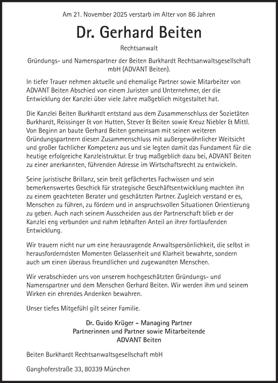 Traueranzeige von Gerhard Beiten von Süddeutsche Zeitung