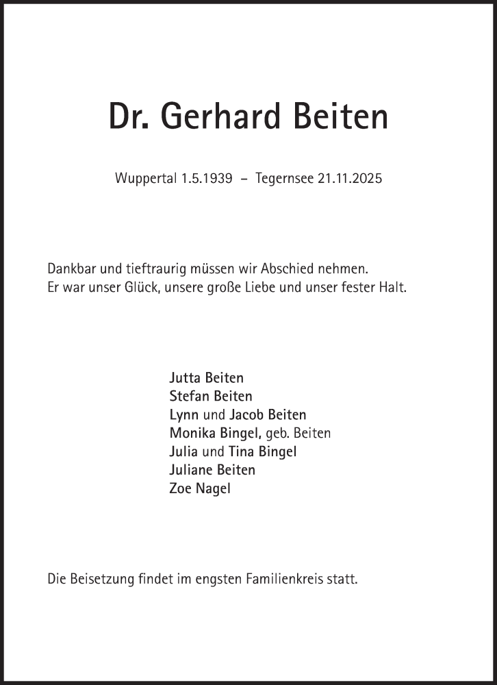  Traueranzeige für Gerhard Beiten vom 06.12.2025 aus Süddeutsche Zeitung