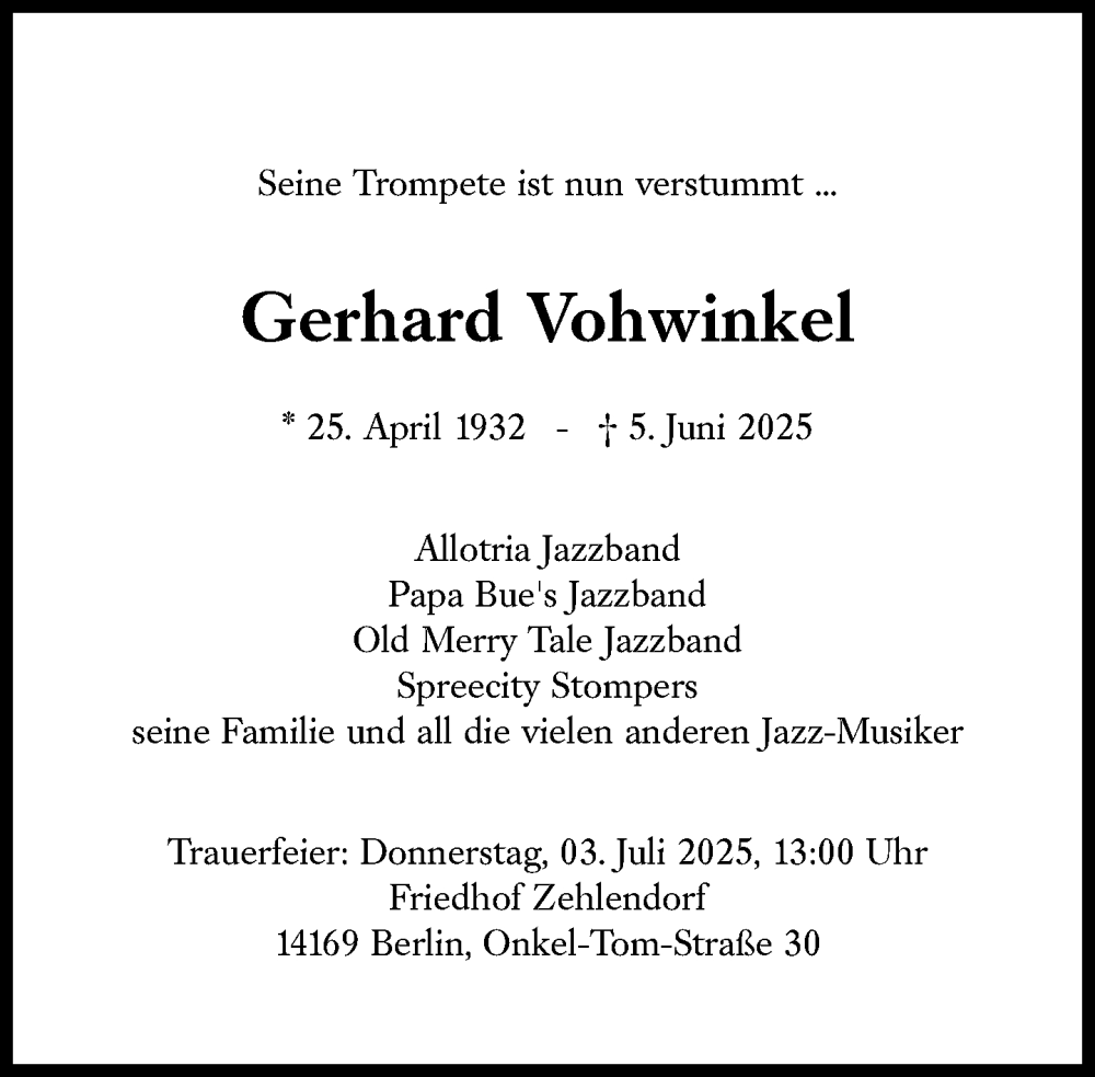  Traueranzeige für Gerhard Vohwinkel vom 21.06.2025 aus Süddeutsche Zeitung