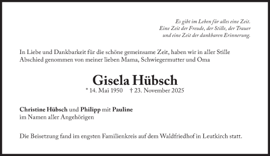 Traueranzeige von Gisela Hübsch von Süddeutsche Zeitung