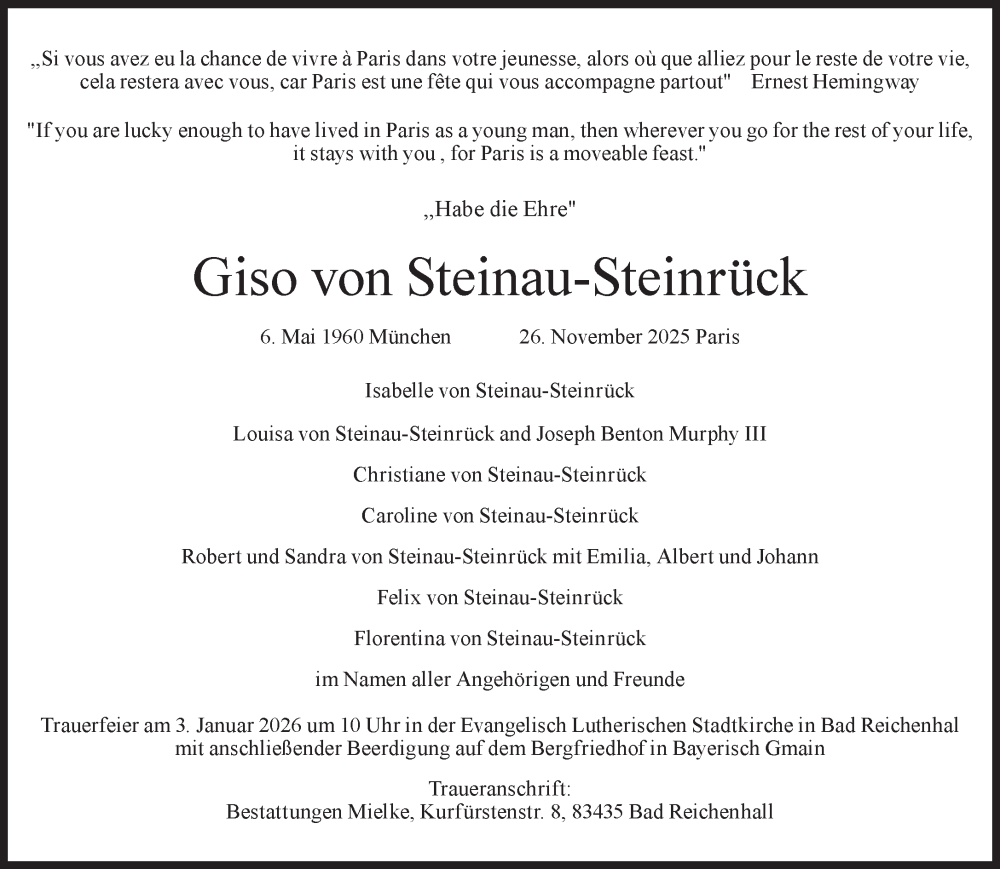  Traueranzeige für Giso von Steinau-Steinrück vom 13.12.2025 aus Süddeutsche Zeitung