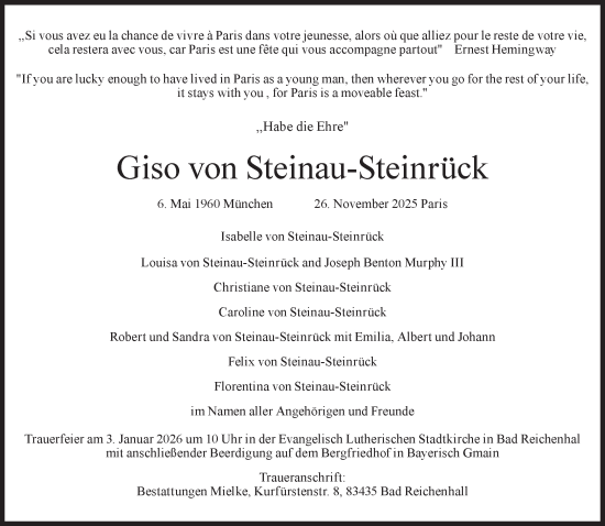 Traueranzeige von Giso von Steinau-Steinrück von Süddeutsche Zeitung