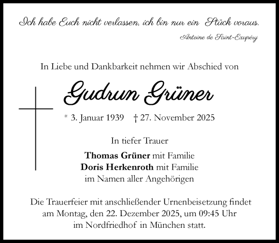 Traueranzeige von Gudrun Grüner von Süddeutsche Zeitung