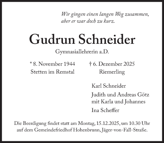 Traueranzeige von Gudrun Schneider von Süddeutsche Zeitung