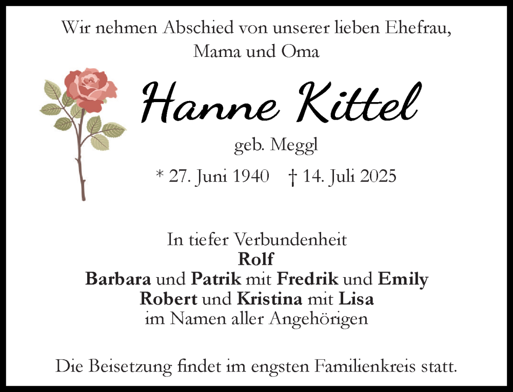  Traueranzeige für Hanne Kittel vom 02.08.2025 aus Süddeutsche Zeitung