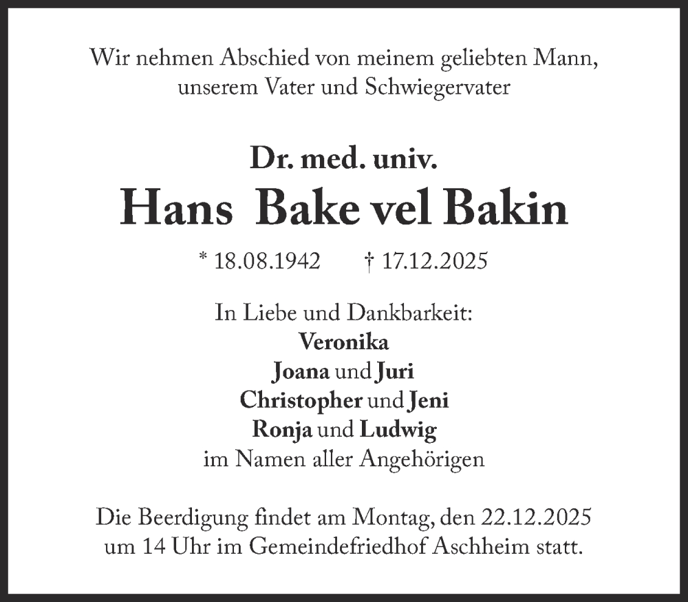  Traueranzeige für Hans Bake vel Bakin vom 19.12.2025 aus Süddeutsche Zeitung