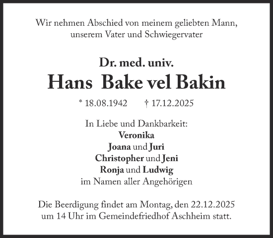 Traueranzeige von Hans Bake vel Bakin von Süddeutsche Zeitung