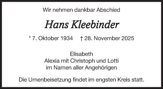 Traueranzeige von Hans Kleebinder von Süddeutsche Zeitung