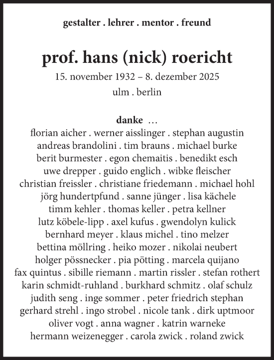 Traueranzeige von Hans Roericht von Süddeutsche Zeitung