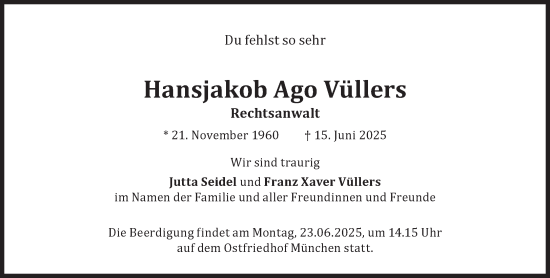 Traueranzeige von Hansjakob Ago Vüllers von Süddeutsche Zeitung