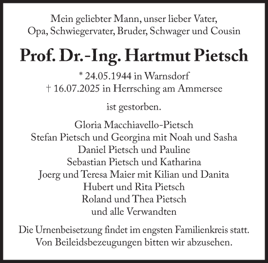 Traueranzeige von Hartmut Pietsch von Süddeutsche Zeitung