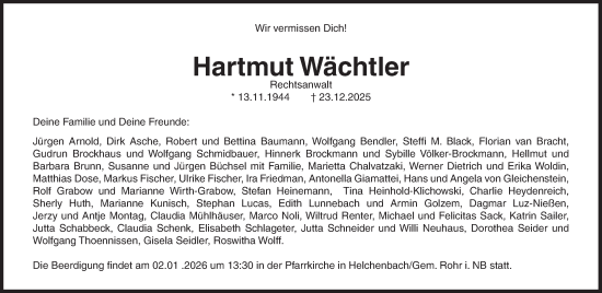 Traueranzeige von Hartmut Wächtler von Süddeutsche Zeitung