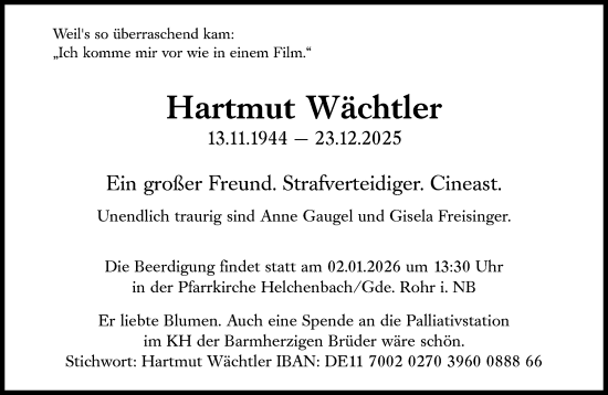 Traueranzeige von Hartmut Wächtler von Süddeutsche Zeitung