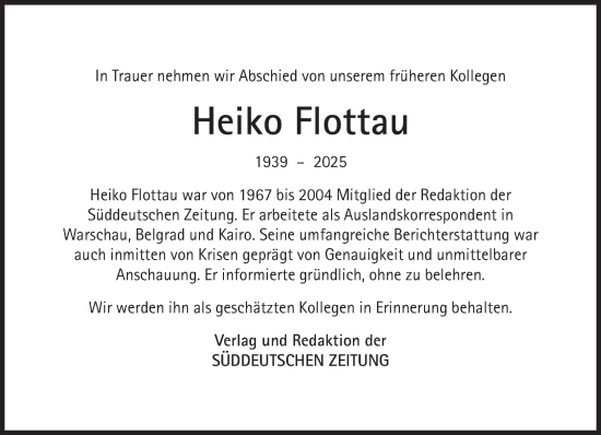 Traueranzeige von Heiko Flottau von Süddeutsche Zeitung