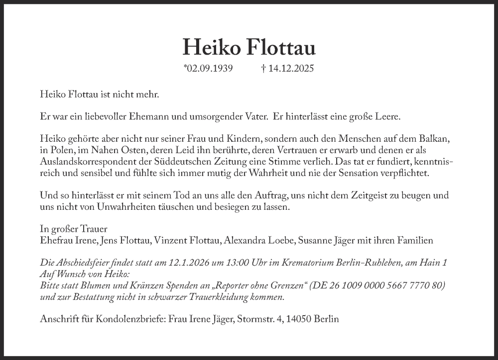  Traueranzeige für Heiko Flottau vom 20.12.2025 aus Süddeutsche Zeitung