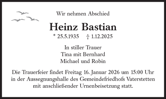 Traueranzeige von Heinz Bastian von Süddeutsche Zeitung
