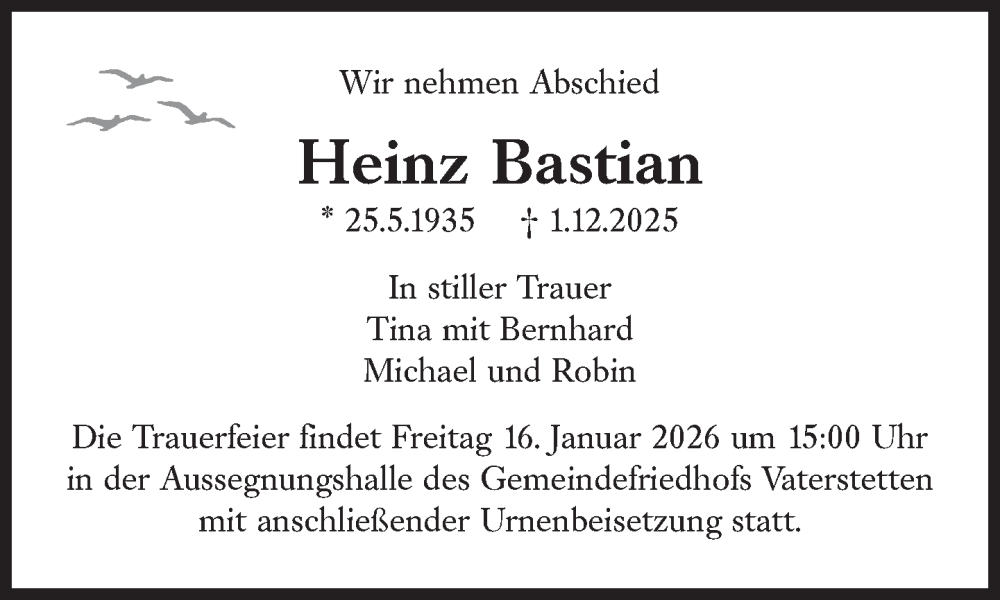  Traueranzeige für Heinz Bastian vom 22.12.2025 aus Süddeutsche Zeitung
